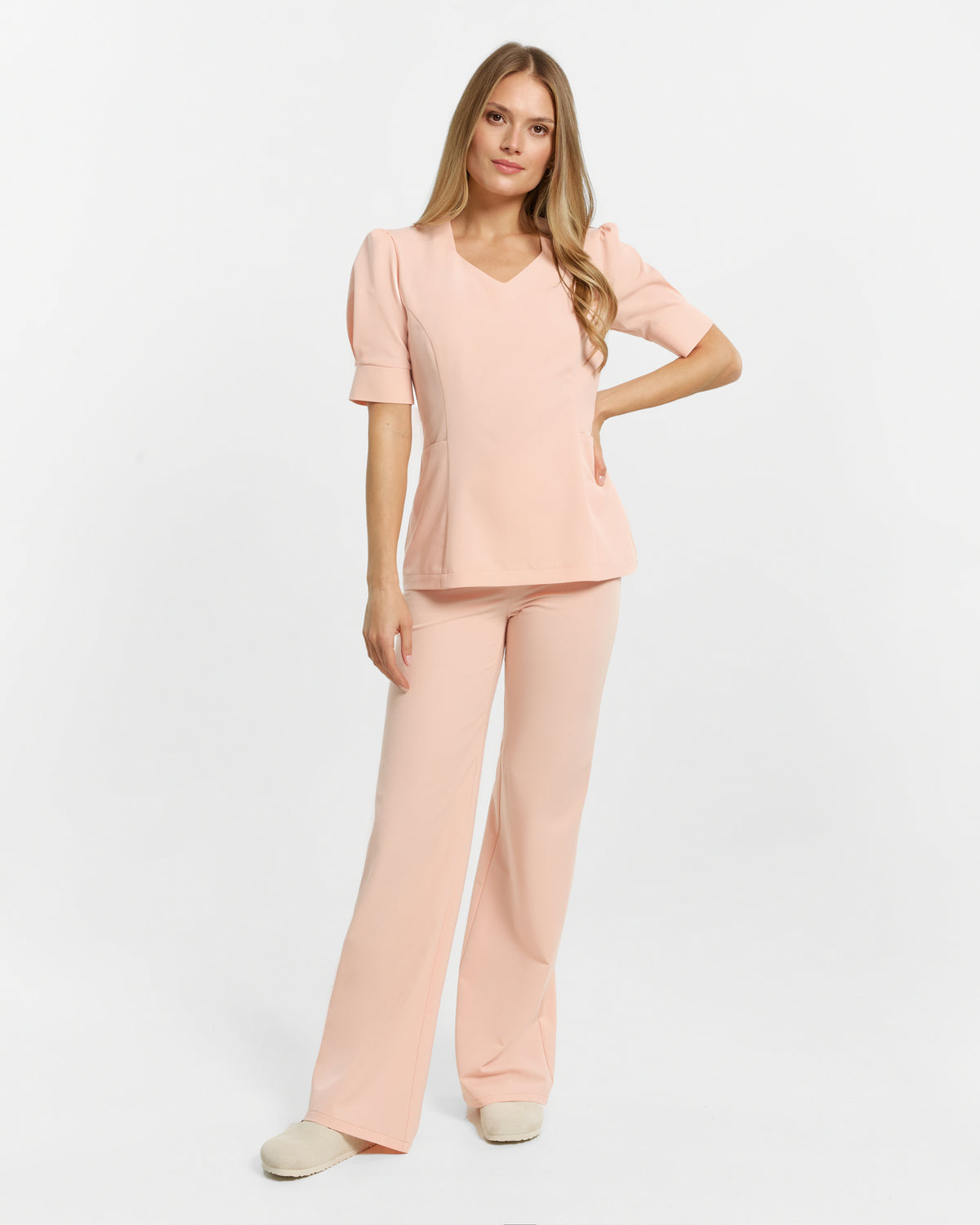 Spodnie Medyczne z Szeroką Nogawką - Apricot Pink
